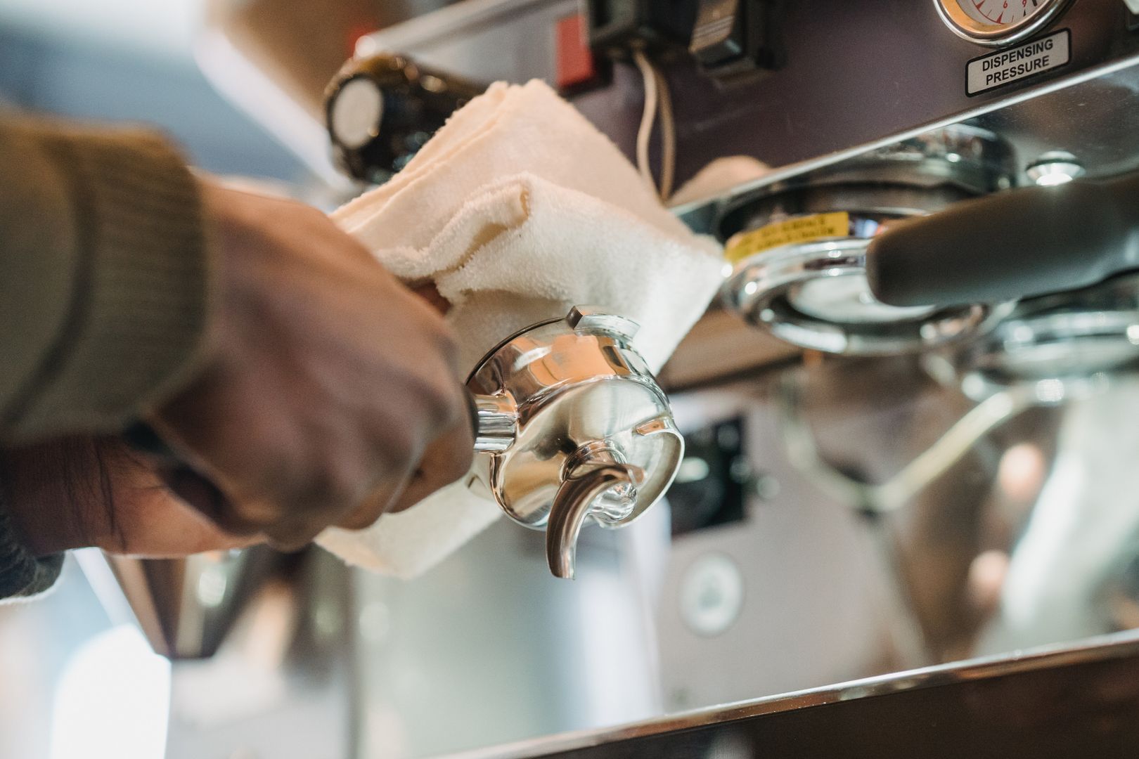 Espresso portafilter with tamped coffee puck